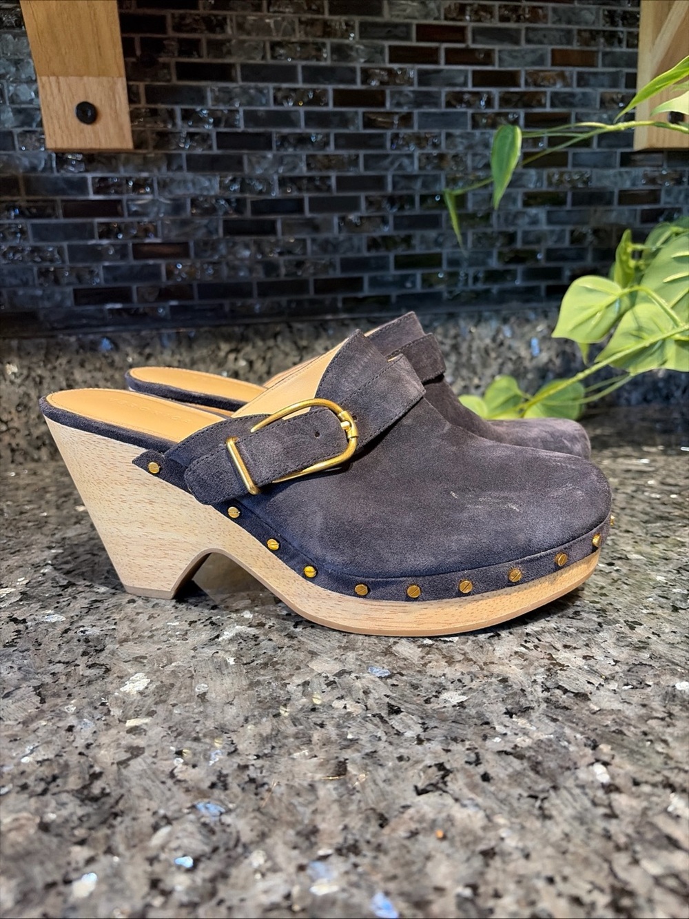 Veronica Beard Blue Suede High Heel Clogs 8 Studs Designer Boho